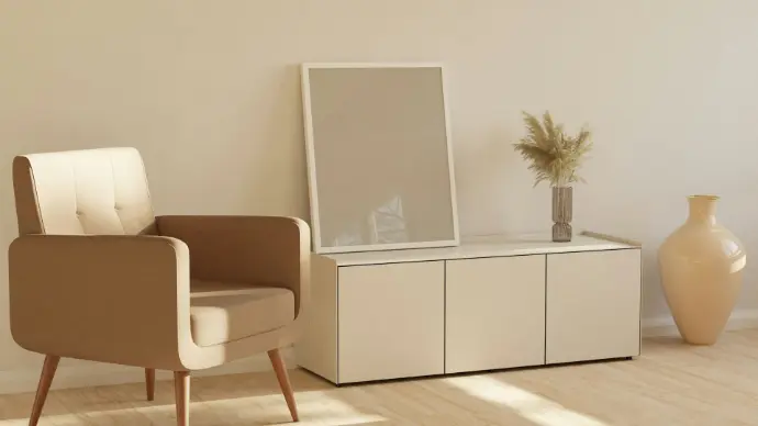 a chair and a vase in a room